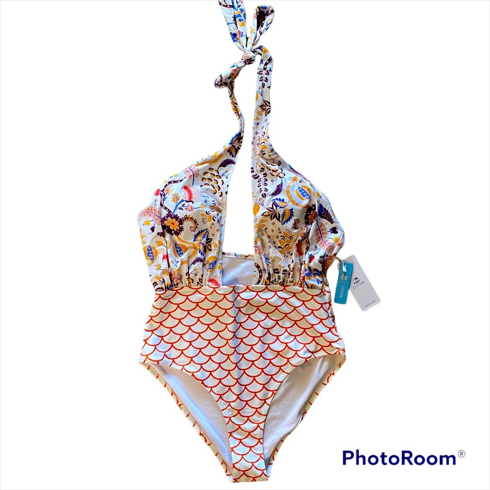 CUPSHE Botanical Mermaid Print High-Waisted One Pc Halter Plunge Swimsuit sz Lg